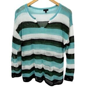 Talbots Sweater Womens Petite Large Lp Blue Green Stripe Open Knit Linen Blend